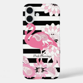 幻想的なピンクのフラミンゴの黒と白のストライプ iPhone 16 PLUSケース