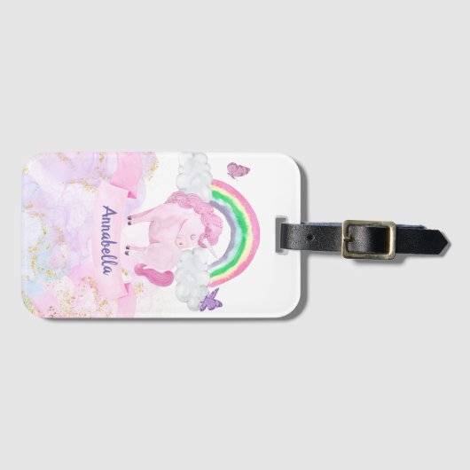 幻想的なピンクのユニコーン虹の蝶 ラゲッジタグ (正面横)