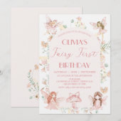 幻想的なピンクの妖精のファーストバースデー 1歳の誕生日 招待状 (正面/裏面)