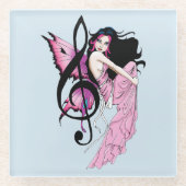幻想的なピンクの妖精の青いファンタジー音楽ノート ガラスコースター (正面)
