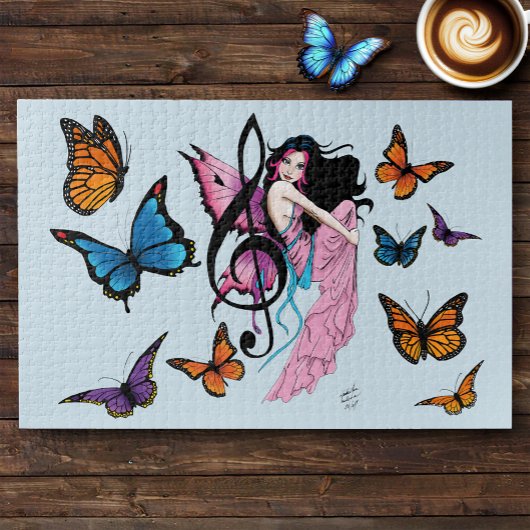 幻想的なピンクの妖精の青いファンタジー音楽ノート ジグソーパズル