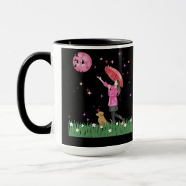 幻想的なピンクの月と犬の散歩の水彩コーヒーマグ マグカップ