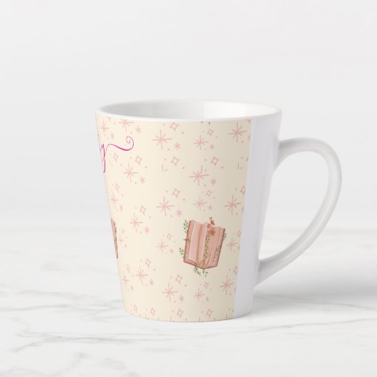 幻想的なピンクの本と星 カフェラテマグ (右)