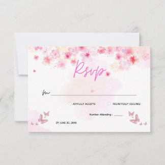 幻想的なピンクの桜と蝶の結婚式RSVP セーブザデート
