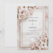 幻想的なピンクの桜の金のフレームの結婚式 招待状 (正面/裏面)