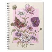 幻想的なピンクの植物画蝶花柄  ノートブック (正面)