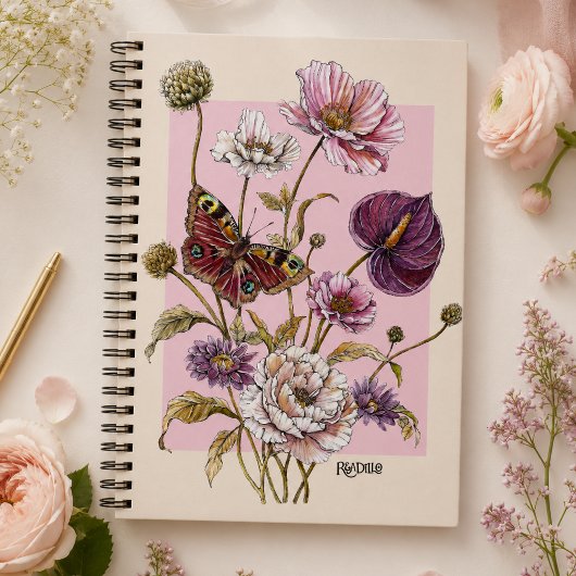 幻想的なピンクの植物画蝶花柄  ノートブック