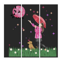 幻想的なピンクの水彩画3枚組トリプティクウォールアート