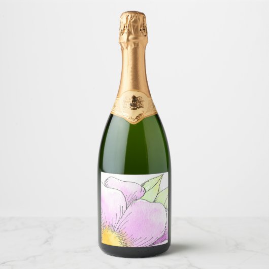 幻想的なピンクの水彩花 スパークリングワインラベル (正面)