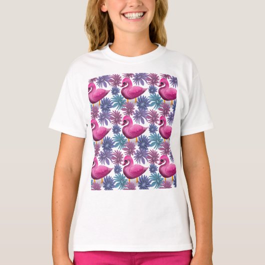 幻想的なピンクの白鳥:パステルフラワーの夢のパターン Tシャツ (正面)