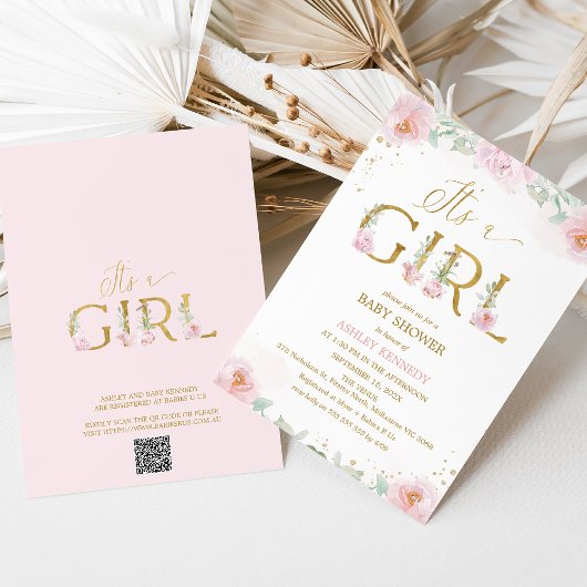 幻想的なピンクの芍薬 おんなの子ベビーシャワー 招待状