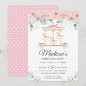 幻想的なピンクの花のカルーセル1歳の誕生日パーティー 招待状 (正面/裏面)