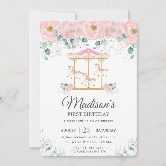 幻想的なピンクの花のカルーセル1歳の誕生日パーティー 招待状 (正面)