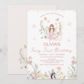 幻想的なピンクの花の妖精のファーストバースデー 招待状 (正面/裏面)