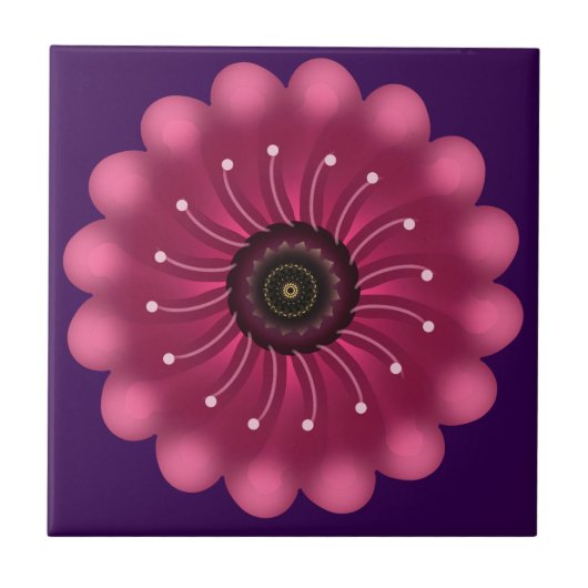 幻想的なピンクの花|抽象的なネオンフローラル タイル (正面)