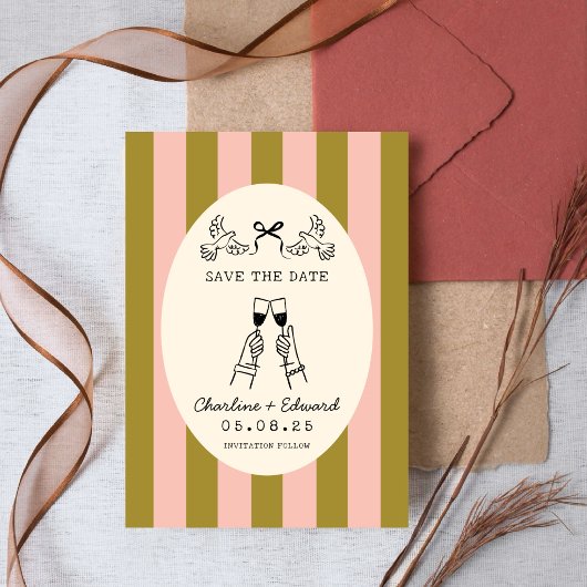 幻想的なピンクストライプのらくがきSave the Date 招待状