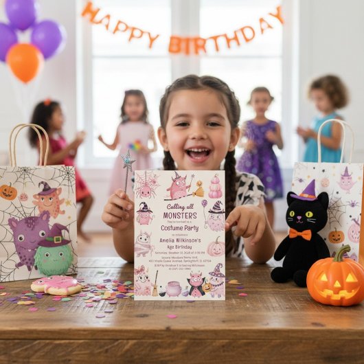 幻想的なピンクモンスターの誕生日コスチュームパーティー 招待状