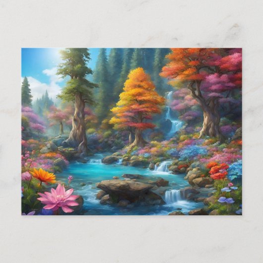 幻想的なファンタジーの森、水の滝、花々 ポストカード (正面)