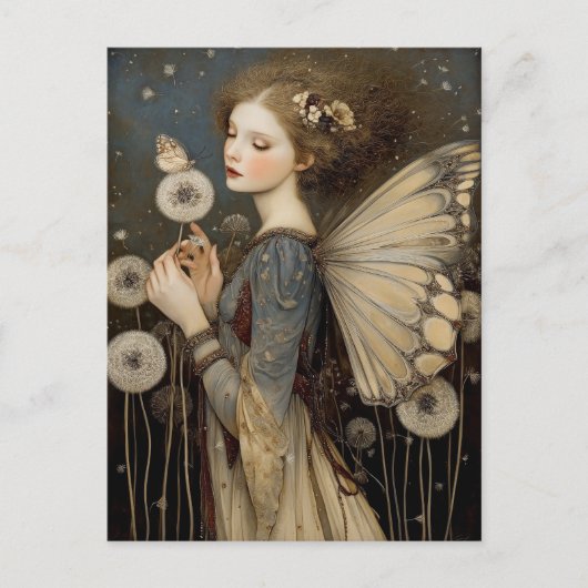 幻想的なファンタジーフェアリーとダンディライオンの魔法の芸術 ポストカード (正面)