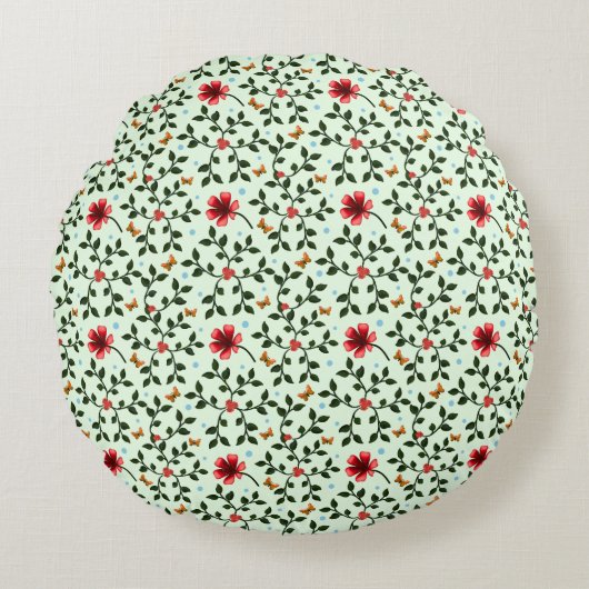 幻想的なフォークロア風の花と蝶のパターン ラウンドクッション (正面)