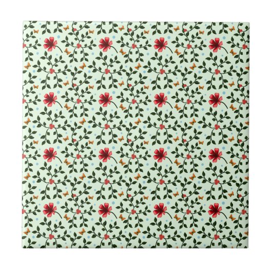 幻想的なフォークロア風の花と蝶の模様 タイル (正面)