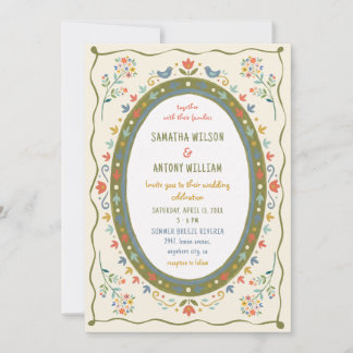 幻想的なフォーク風の花と鳥の結婚式招待状 招待状