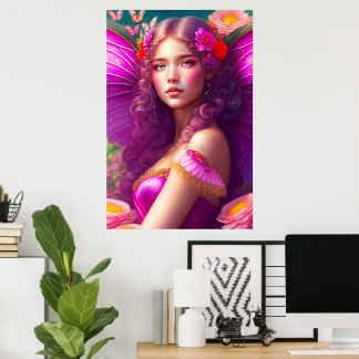 幻想的なフクシアの妖精の花と蝶々 ポスター