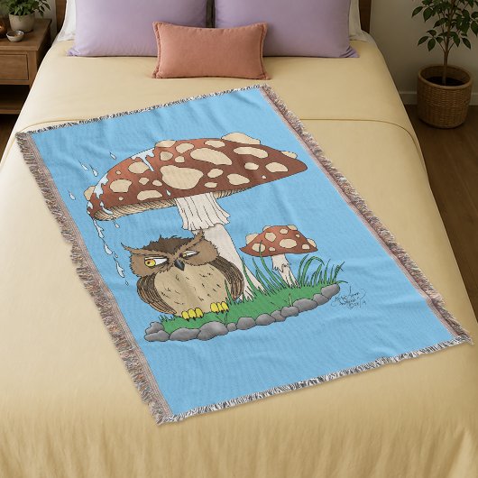 幻想的なフクロウのキノコの雨 ブルー スローブランケット