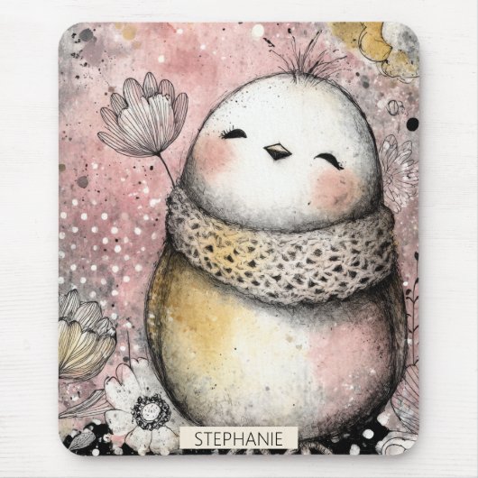 幻想的なフクロウの花の水彩アート マウスパッド (正面)
