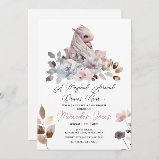 幻想的なフラワーピンクの女の子のドラゴン ベビーシャワー 招待状 (正面/裏面)