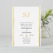 幻想的なボーダー シンプルな白のモノグラム ウェディング 箔招待状 (立ち正面)