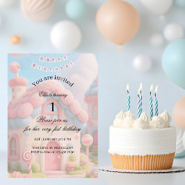 幻想的なマジックハウス ピンク 1歳の誕生日  招待状
