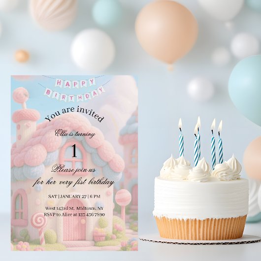 幻想的なマジックハウス ピンク 1歳の誕生日 招待状