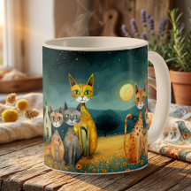 幻想的なミッドナイトガーデンのフォークアート猫