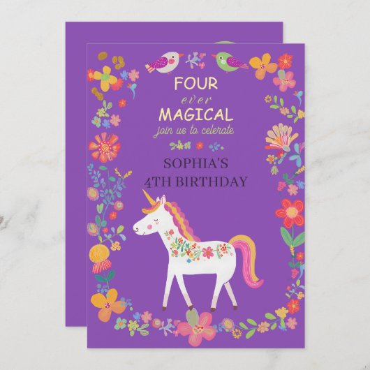 幻想的なユニコーンと花の招待状 招待状 (正面/裏面)