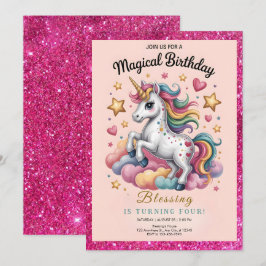 幻想的なユニコーンの4歳の誕生日 招待状