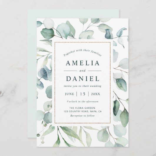 幻想的なユーカリのゴールドグリーンウェディング 招待状 (正面/裏面)