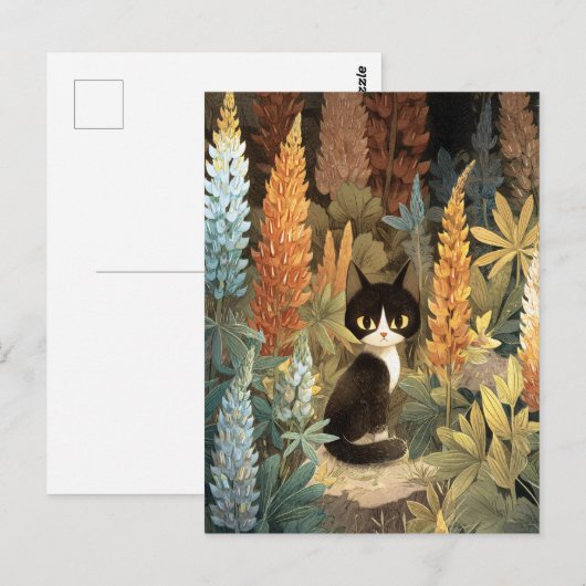 幻想的なルピナスの花に囲まれた猫 ポストカード (正面/裏面)