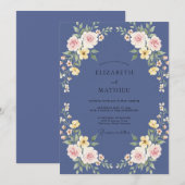 幻想的なルリ色と黄色のリースの結婚式 招待状 (正面/裏面)