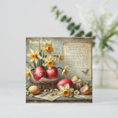 幻想的なレトロな赤いイースターエッグと水仙 シーズンカード (スタンド正面)