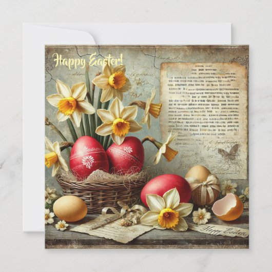 幻想的なレトロな赤いイースターエッグと水仙 シーズンカード (正面)