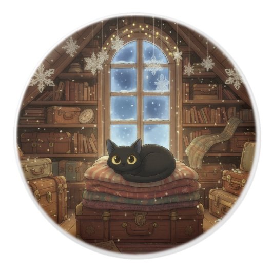 幻想的なヴィンテージの屋根裏部屋の黒猫 セラミックノブ (正面)
