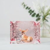 幻想的なヴィンテージ ピンクの鹿のクリスマス ホリデー シーズンポストカード (スタンド正面)