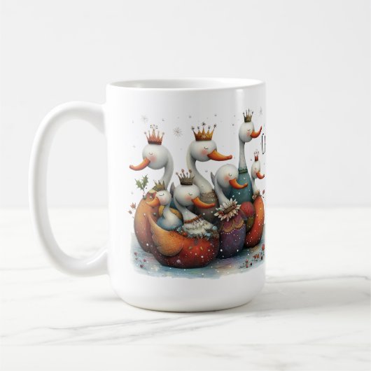 幻想的な七羽の白鳥の水浴び クリスマス 15oz コーヒーマグカップ (左)