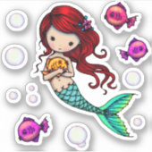 幻想的な世界 魚と泡に囲まれた可愛い人魚 シール (正面)