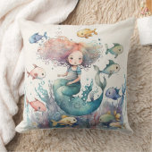 幻想的な人魚と海の魚の水彩画 クッション (ブランケット)