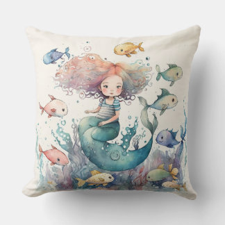 幻想的な人魚と海の魚の水彩画 クッション