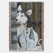 幻想的な冬のファンタジー ハスキー犬 ドラゴン 城 スローブランケット (正面縦)