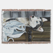 幻想的な冬のファンタジー ハスキー犬 ドラゴン 城 スローブランケット (正面)