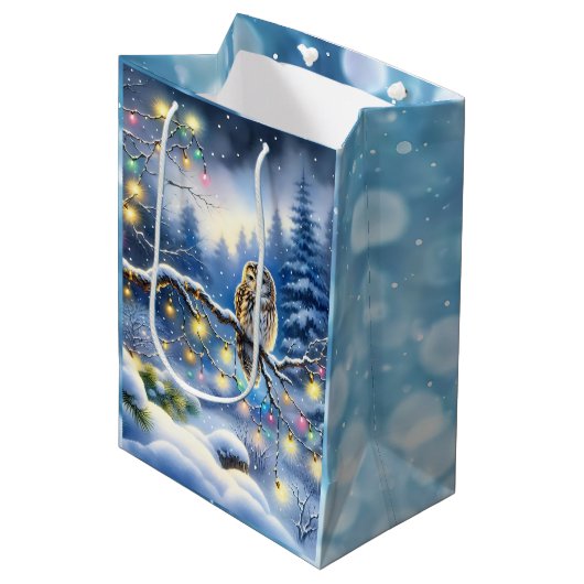 幻想的な冬の森のクリスマスフクロウ ミディアムペーパーバッグ (正面アングル)